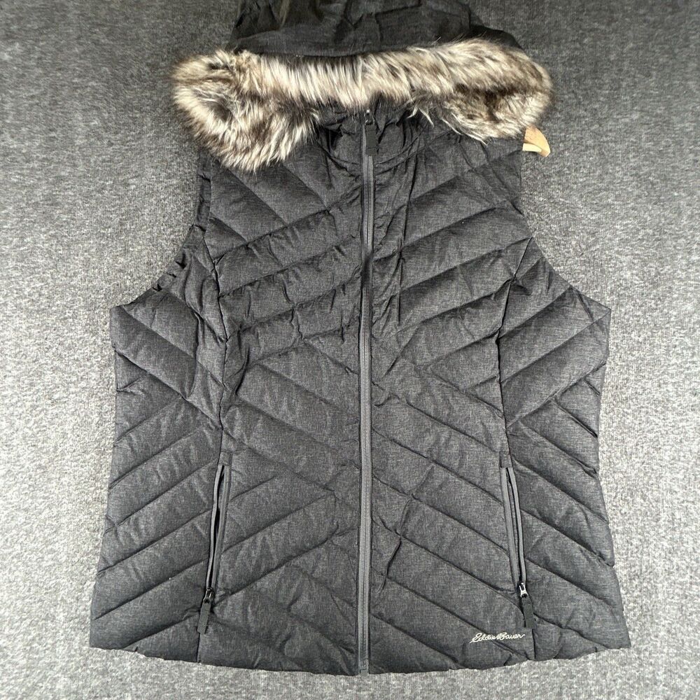 Eddie Bauer Women's Gray Quilted Vest with Faux Fur Trim